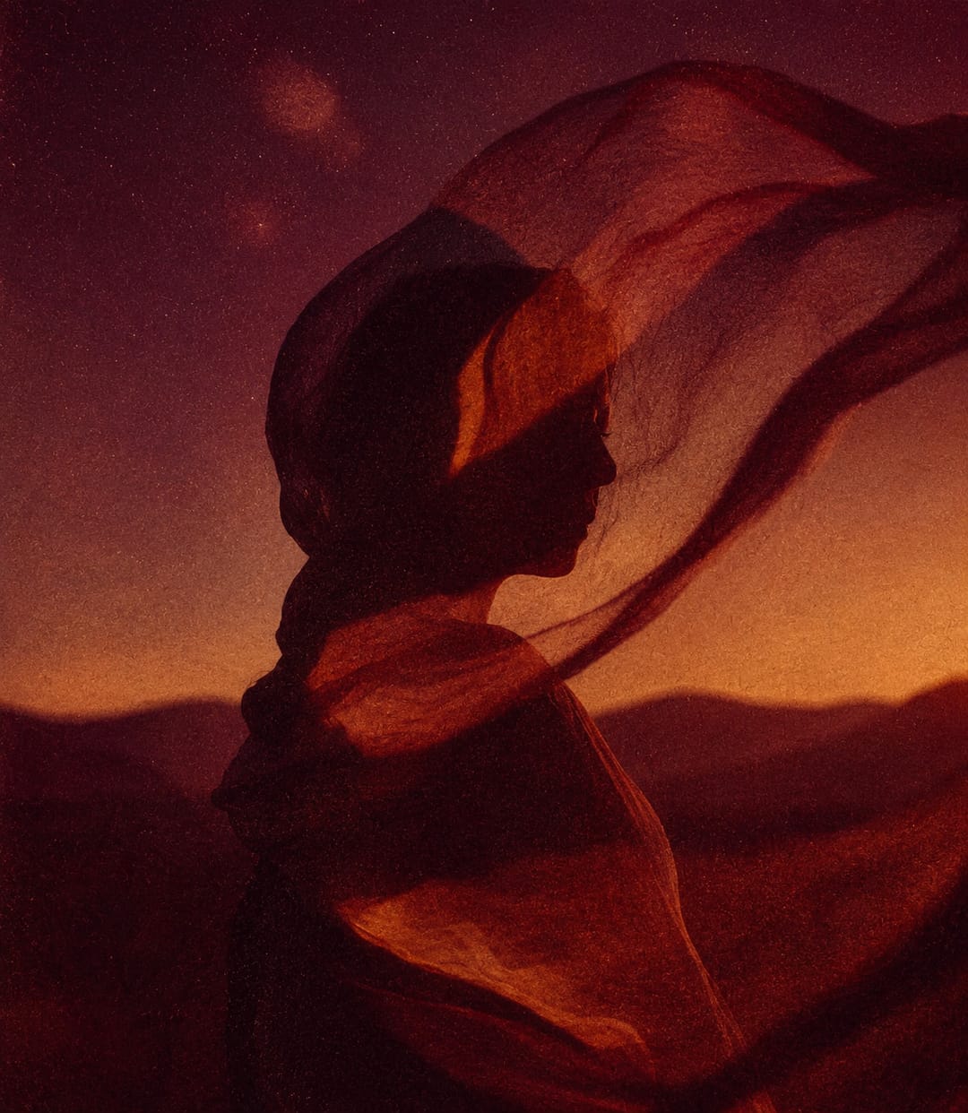A woman at dusk, soft fabric catching the last of the light
